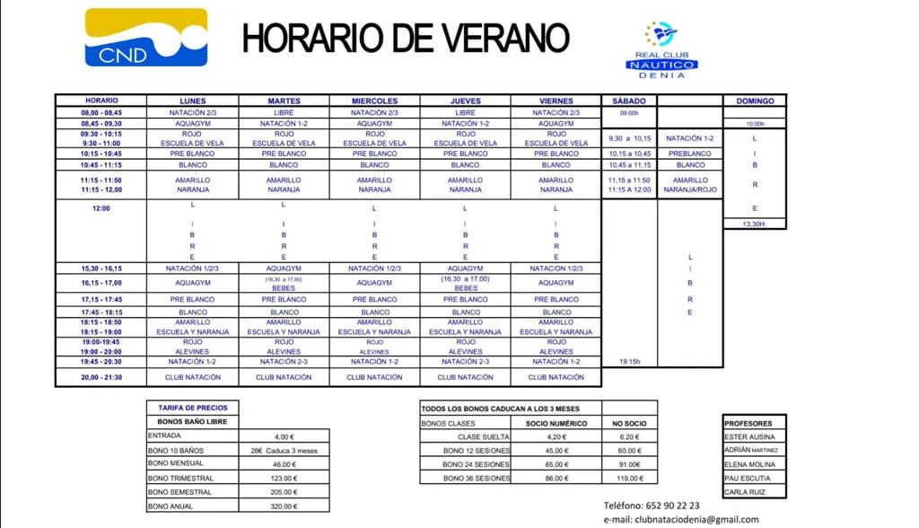 horarios verano club natacio denia