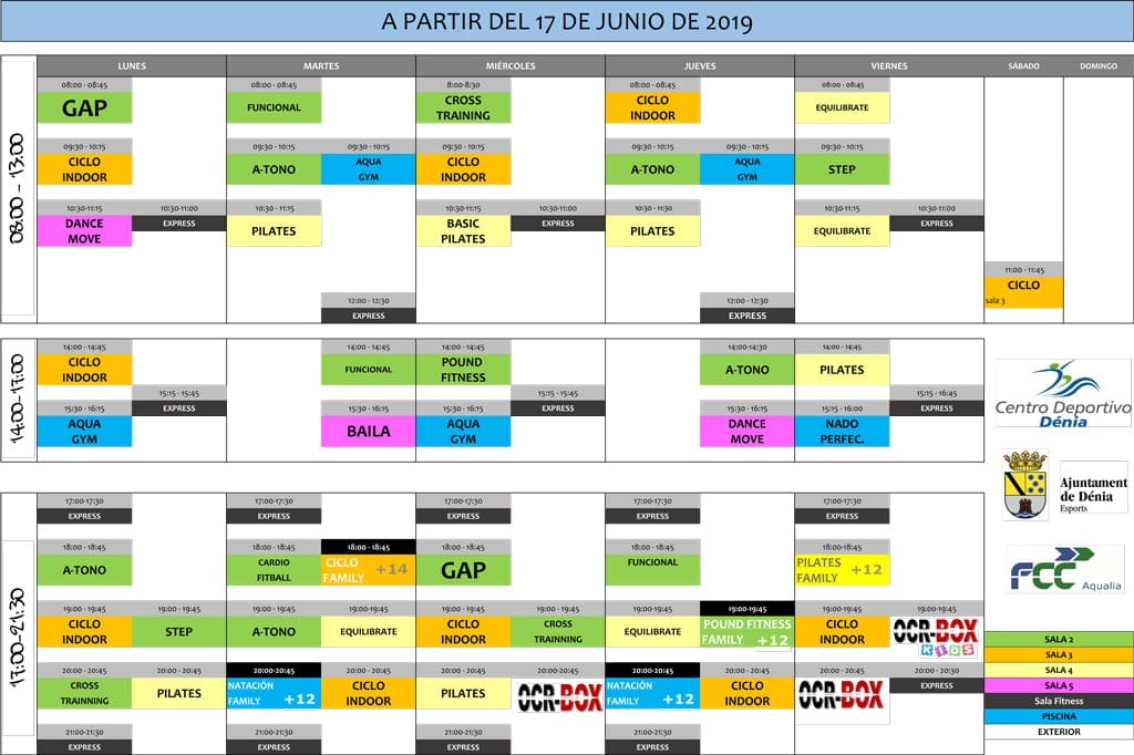 horario verano 2019 centro deportivo denia