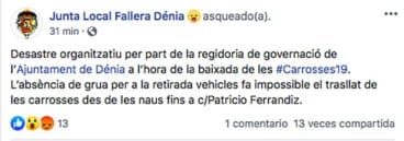 la junta local fallera critica al ayuntamiento por su papel en carrozas