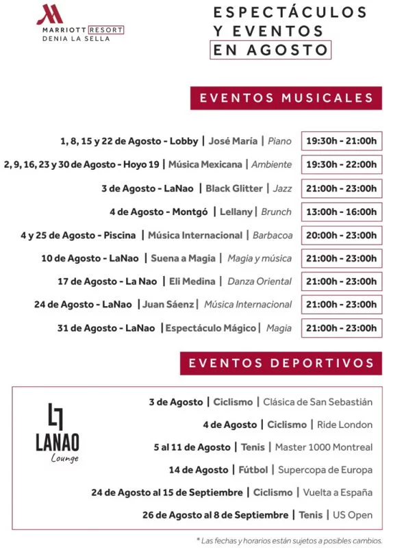 Agenda de eventos agosto 2019 – Hotel Dénia Marriott La Sella