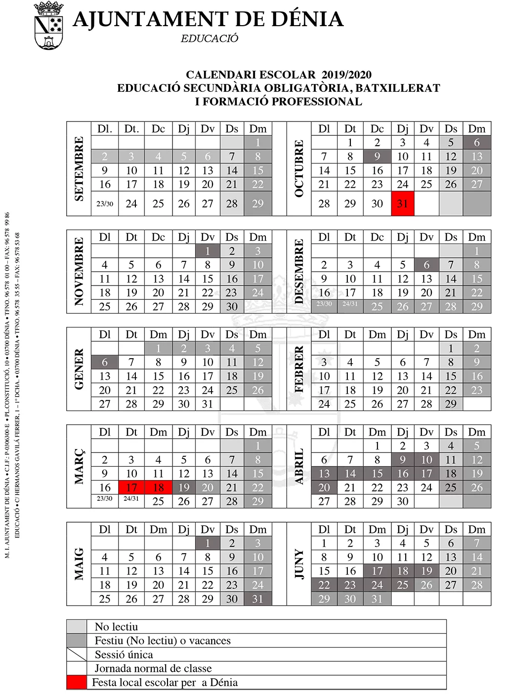Calendario ESO, Bachiller y FPs