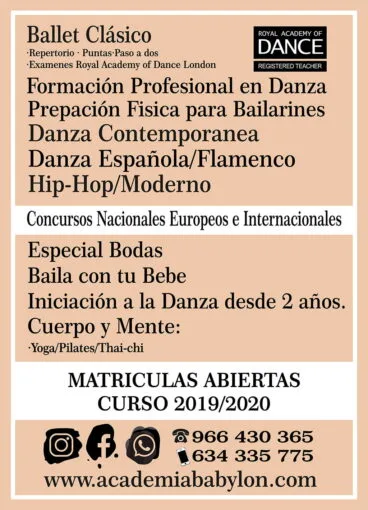 Cartel de matrícula abierta para el curso 2019-2020 en Babylon Escuela de Danza