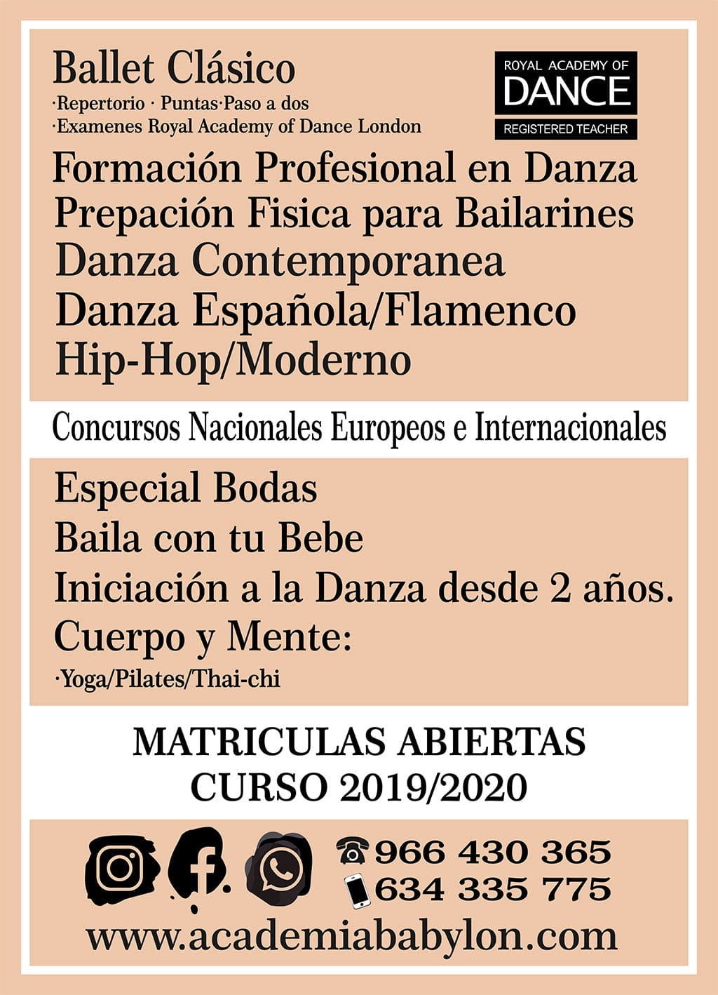 Imagen: Cartel de matrícula abierta para el curso 2019-2020 en Babylon Escuela de Danza