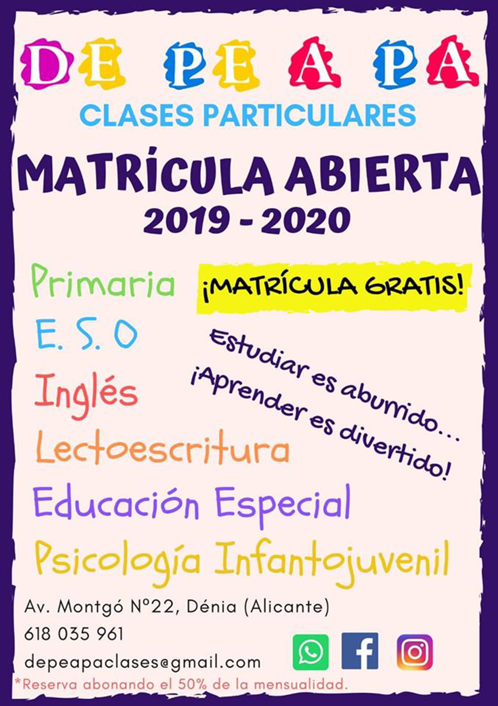 Cartel de matrícula abierta de clases particulares en Dénia – De Pe A Pa Clases Particulares