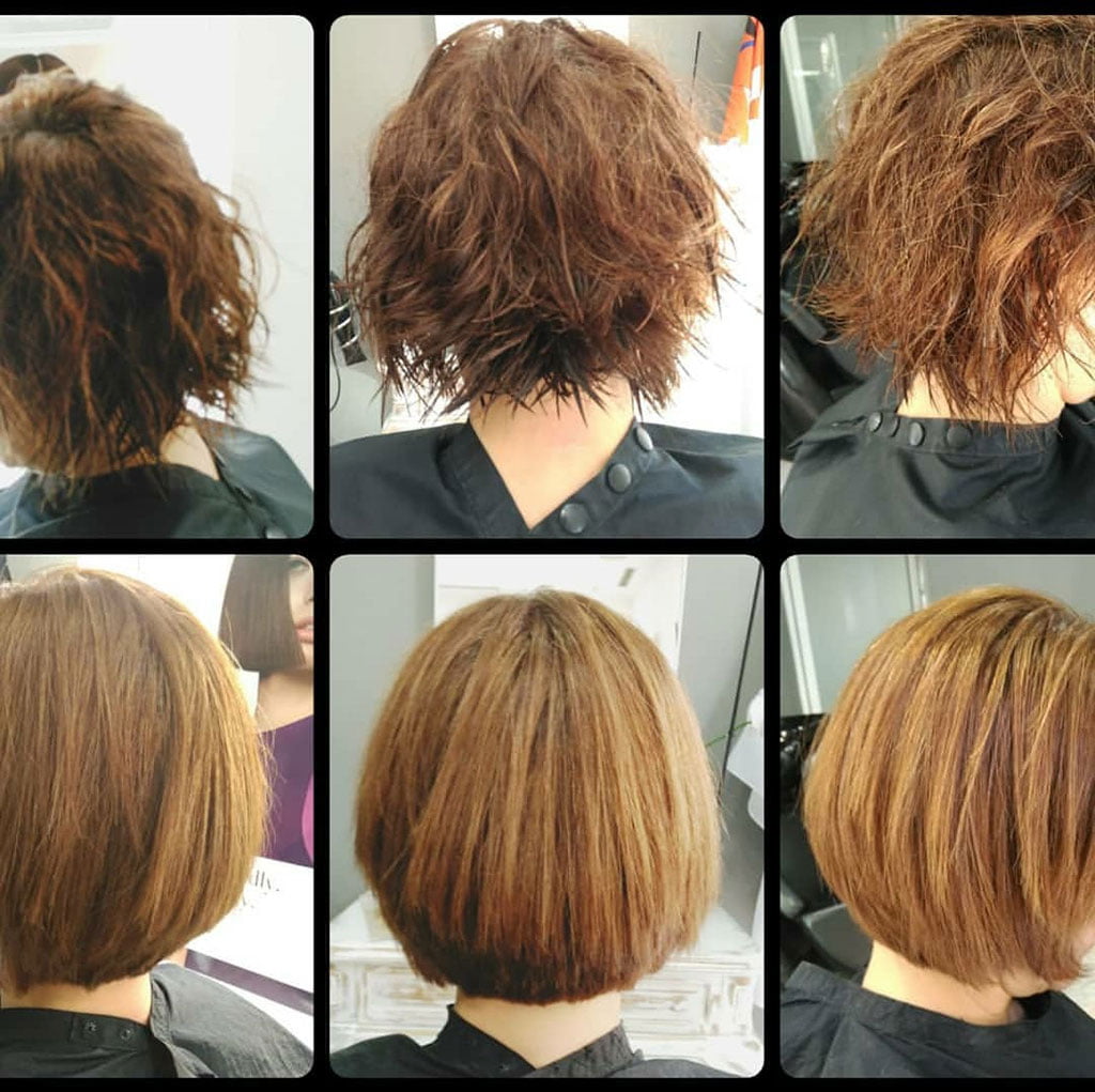 El pelo encrespado antes del tratamiento y los resultados después del alisado de Belma Kosmetik – Dorita e Inma Estilistas