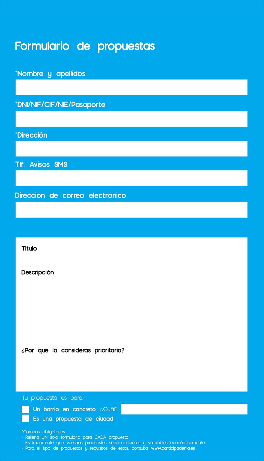 Imagen: Formulario para hacer propuestas para los Presupuestos Participativos de Dénia 2020