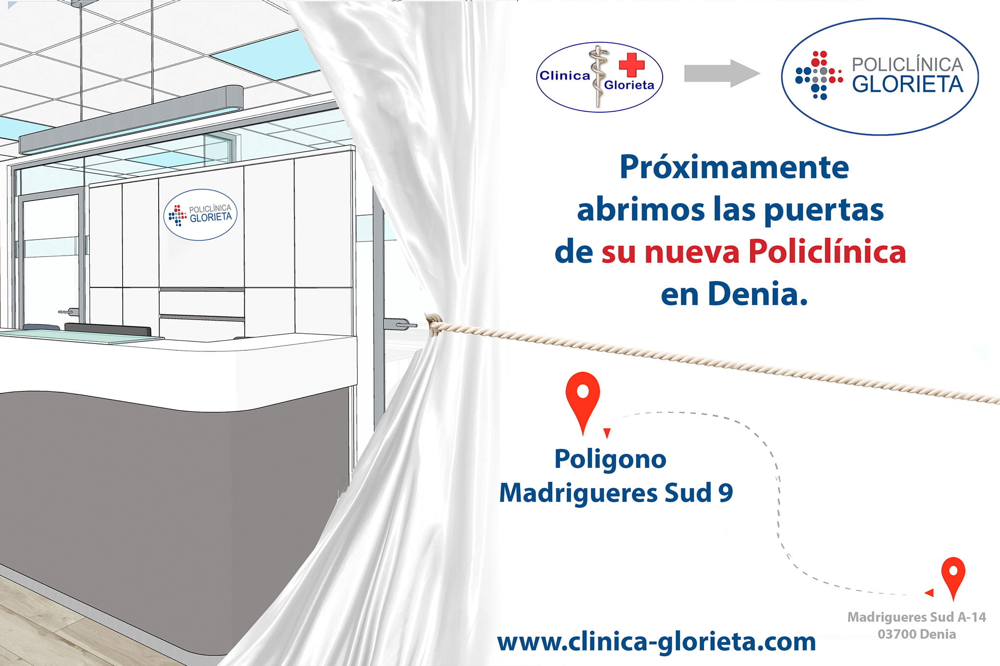 Cartel sobre la ubicación y las instalaciones de Policlínica Glorieta