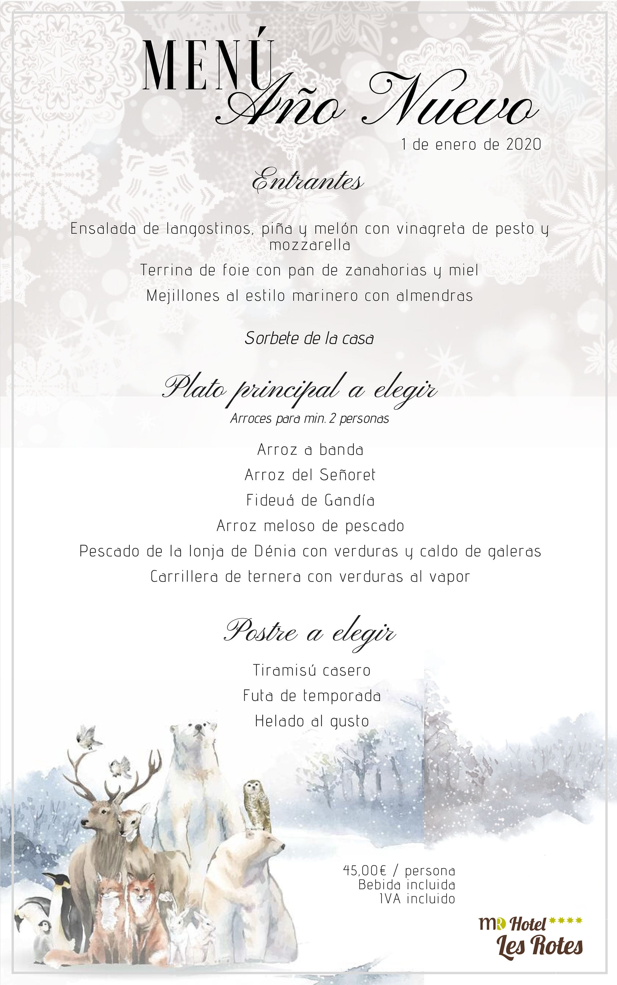 Celebra Nochebuena, Navidad, Nochevieja y Año Nuevo en Hotel Les Rotes con estos menús 4 Imagen: Menú de Año Nuevo - Hotel Les Rotes