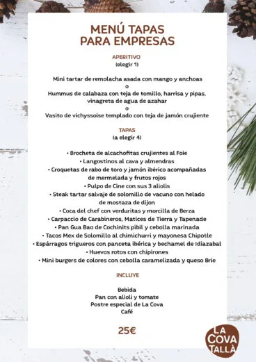 Menú de empresa compuesto por tapas – La Cova Tallà