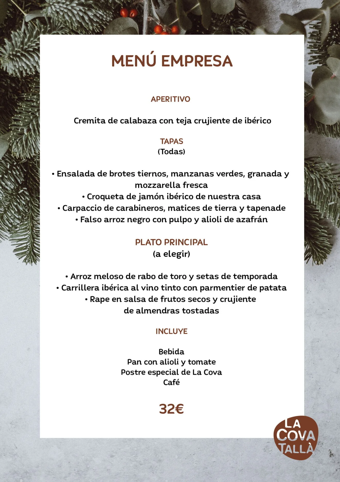 Menú de empresa por 32 euros - La Cova Tallà