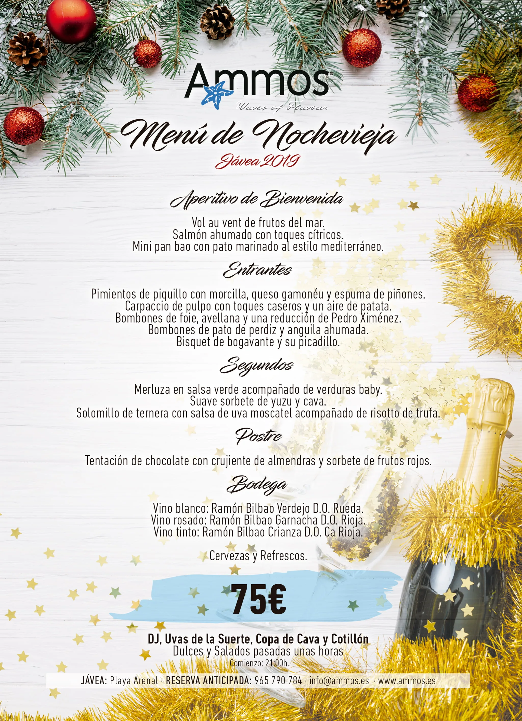 Disfruta de una Nochevieja brillante con este increíble menú en Restaurante Ammos 1 Imagen: Menú de Nochevieja en español - Restaurante Ammos