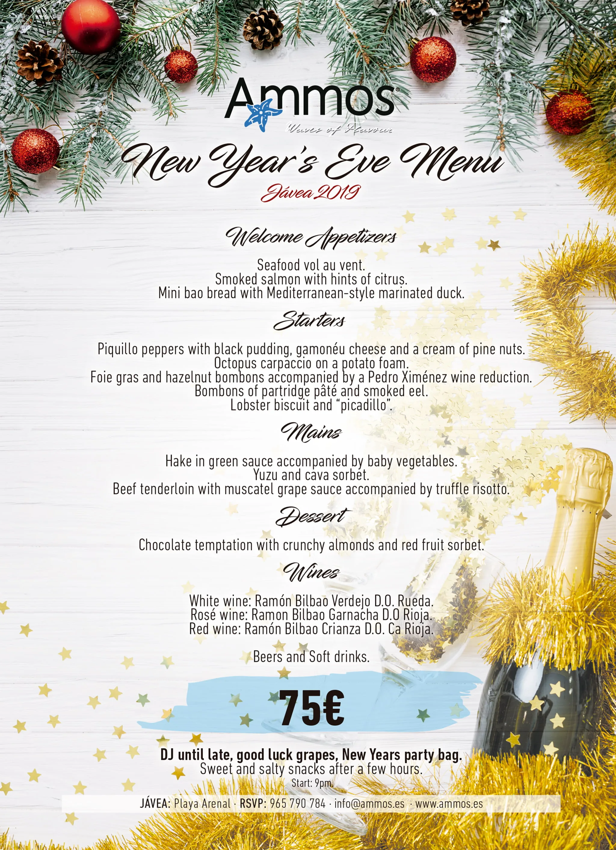 Disfruta de una Nochevieja brillante con este increíble menú en Restaurante Ammos 2 Imagen: Menú de Nochevieja en inglés - Restaurante Ammos
