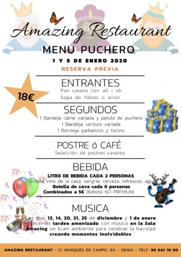 Menú de puchero para el 1 y el 5 de enero en Restaurante Amazing