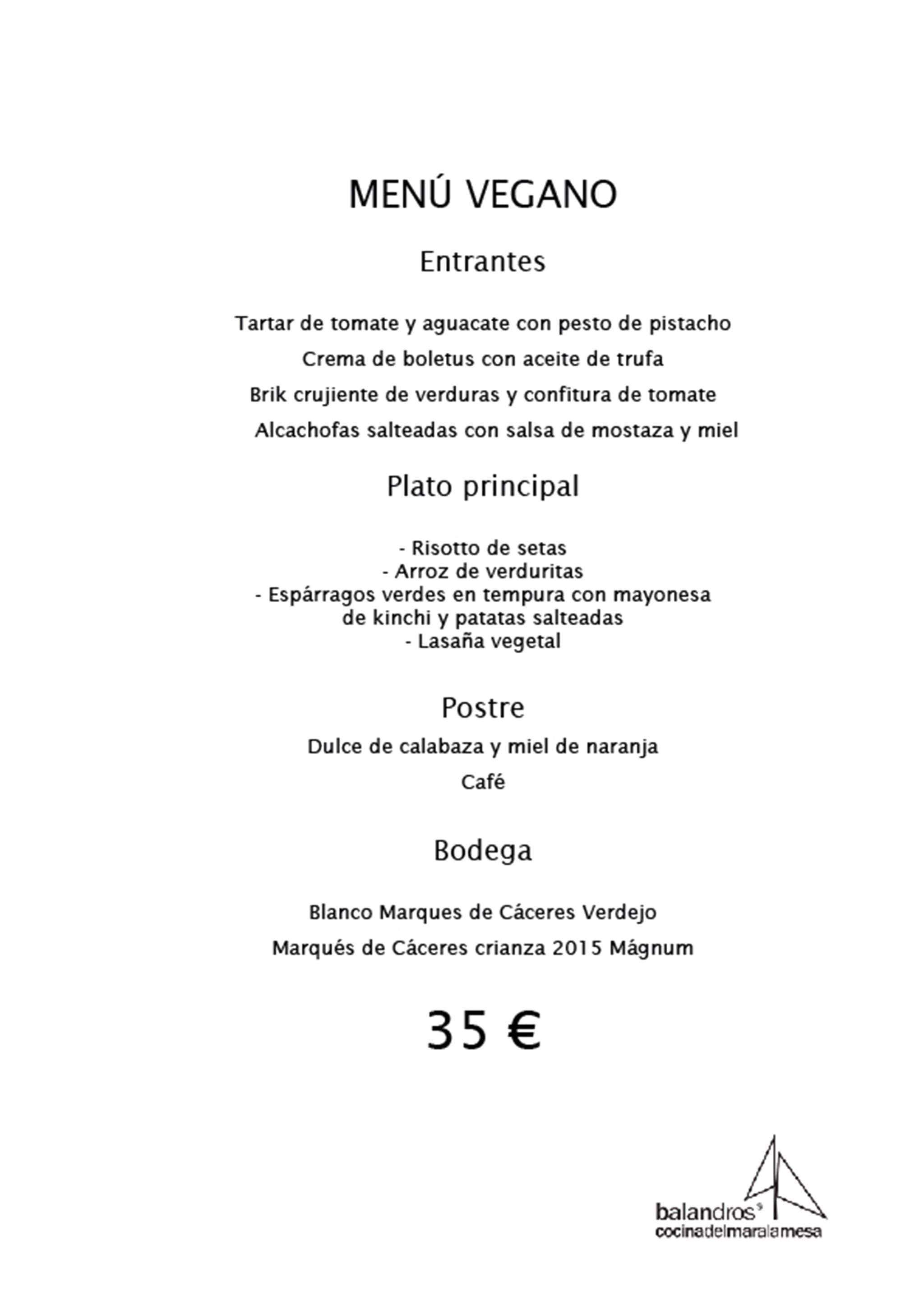 Imagen: Menú de empresa vegano - Restaurante Balandros
