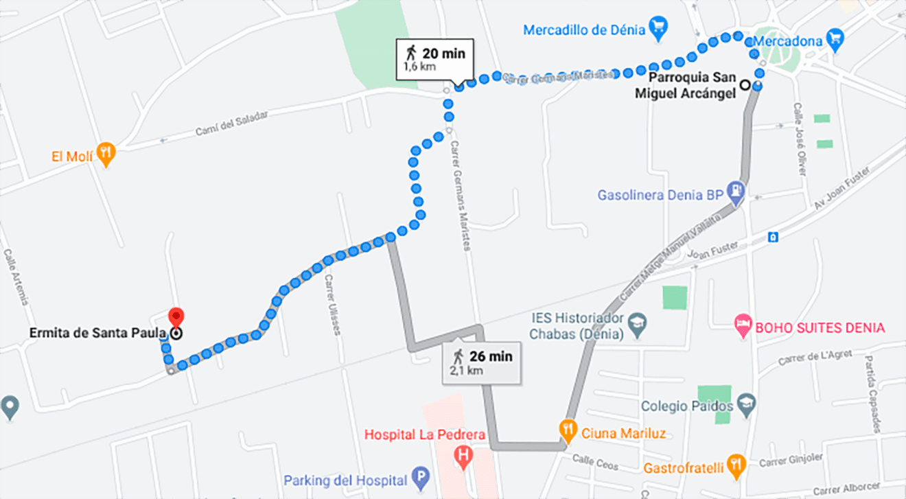 Itinerario marcado de la Romería de Santa Paula de Dénia, desde la Parroquia de San Miguel hasta la Ermita de Santa Paula