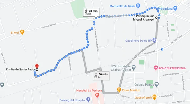 Imagen: Itinerario marcado de la Romería de Santa Paula de Dénia, desde la Parroquia de San Miguel hasta la Ermita de Santa Paula