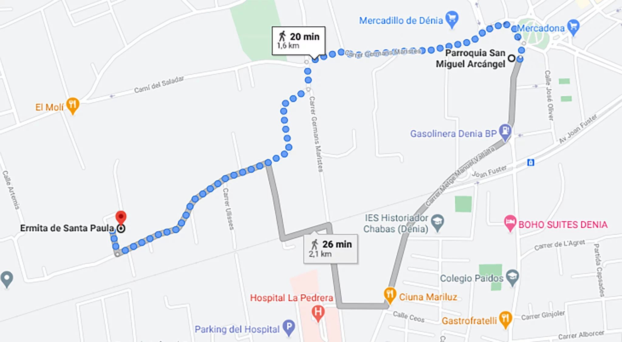 Itinerario marcado de la Romería de Santa Paula de Dénia, desde la Parroquia de San Miguel hasta la Ermita de Santa Paula