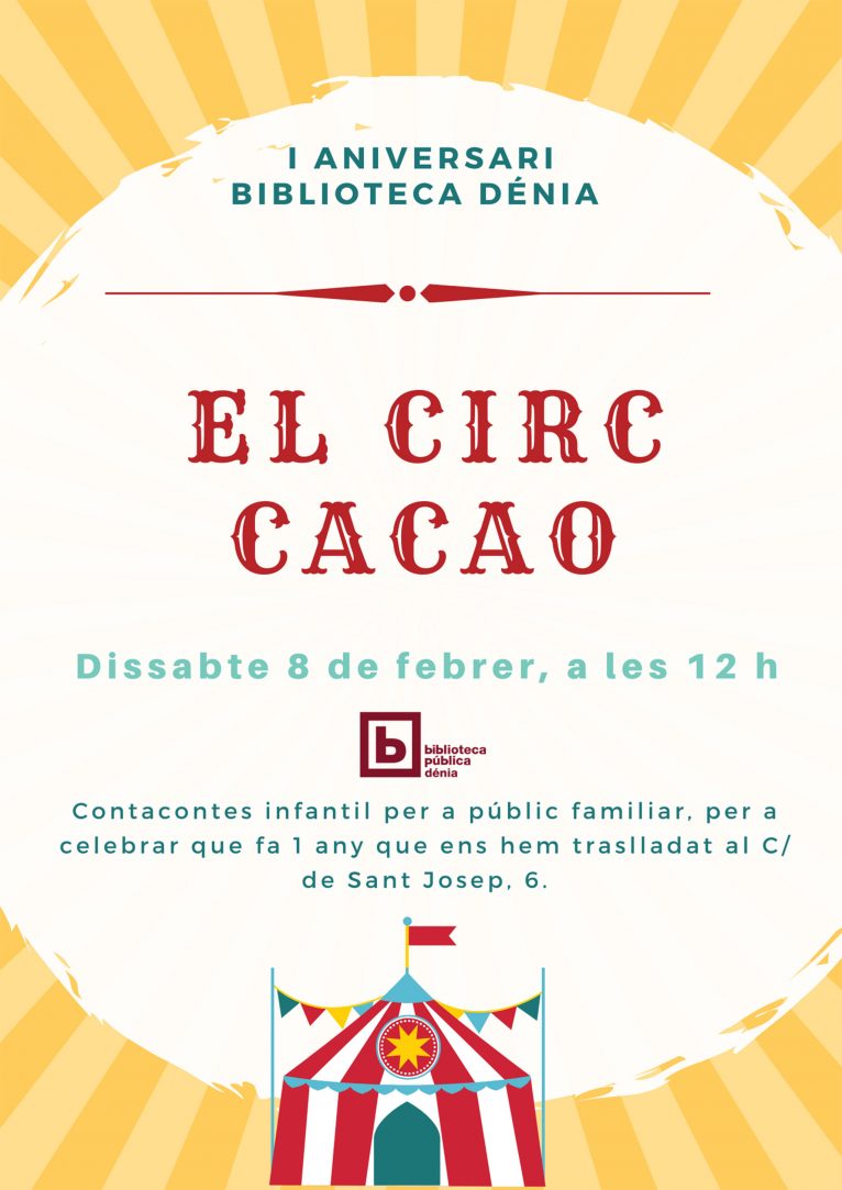 Cartel de la celebración del primer aniversario de la Biblioteca Municipal de Dénia en el carrer Sant Josep
