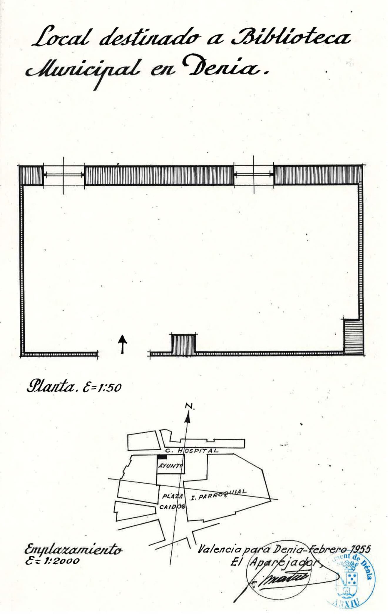 Plano del primer local que ocupó la Biblioteca de Dénia (Fuente: Arxiu Municipal)