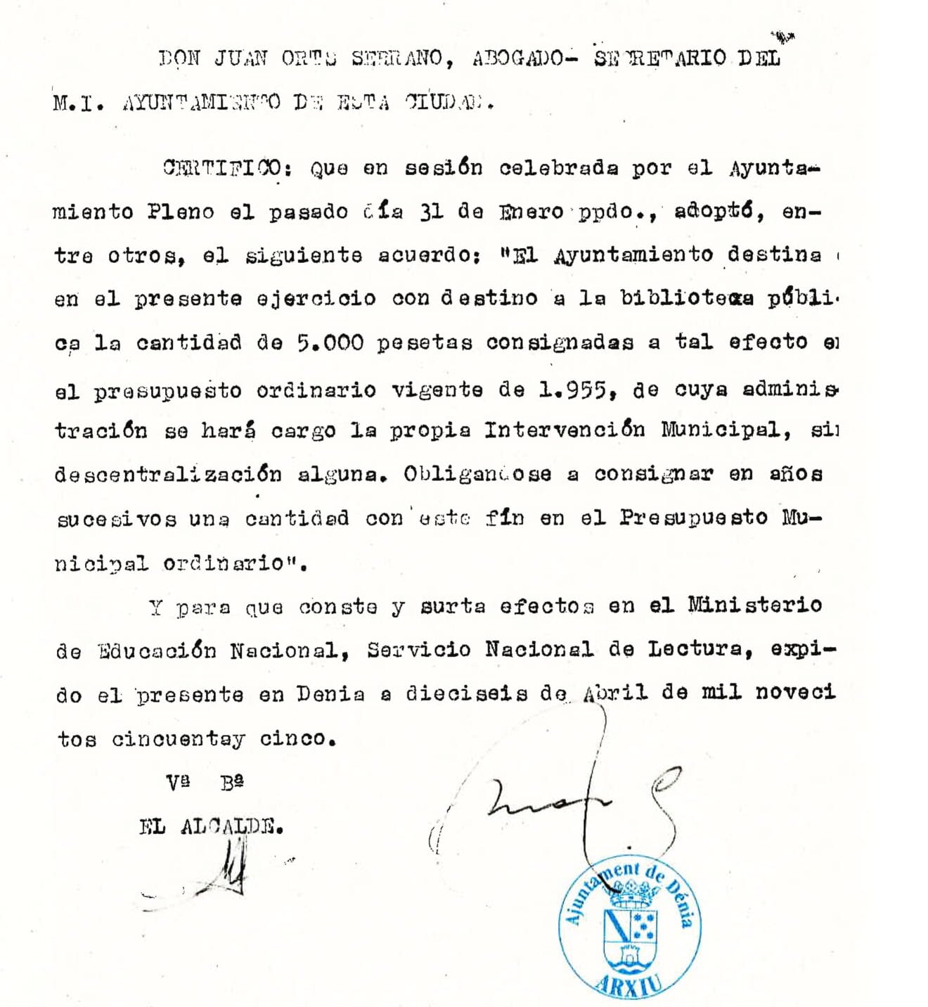 Presupuesto municipal del Ayuntamiento en que se destina una partida a la Biblioteca (Fuente: Arxiu Municipal)