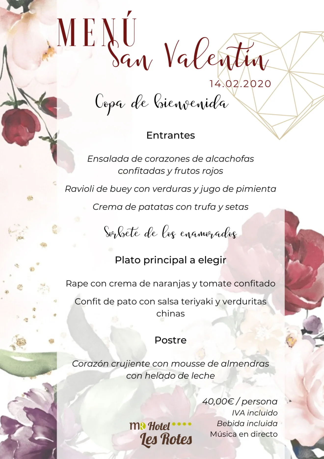 Menú de San Valentín para el 14 de febrero de 2020 - Hotel Les Rotes