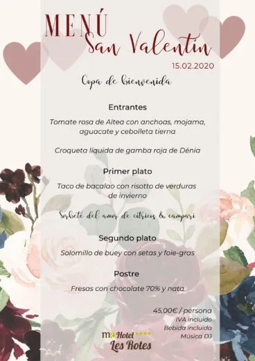 Menú de San Valentín para el 15 de febrero de 2020 – Hotel Les Rotes
