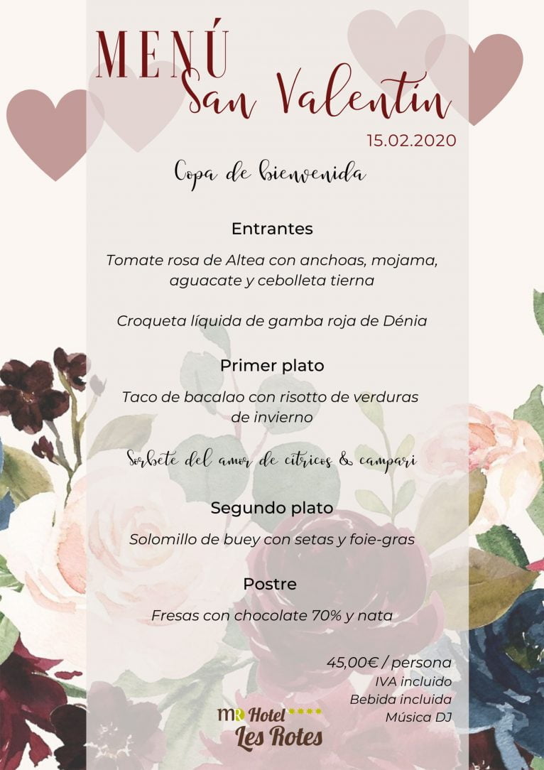 Menú de San Valentín para el 15 de febrero de 2020 - Hotel Les Rotes