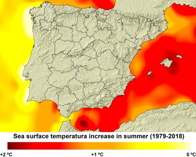 Imagen: Cambio de temperatura en la temperatura del mar, según AEMET