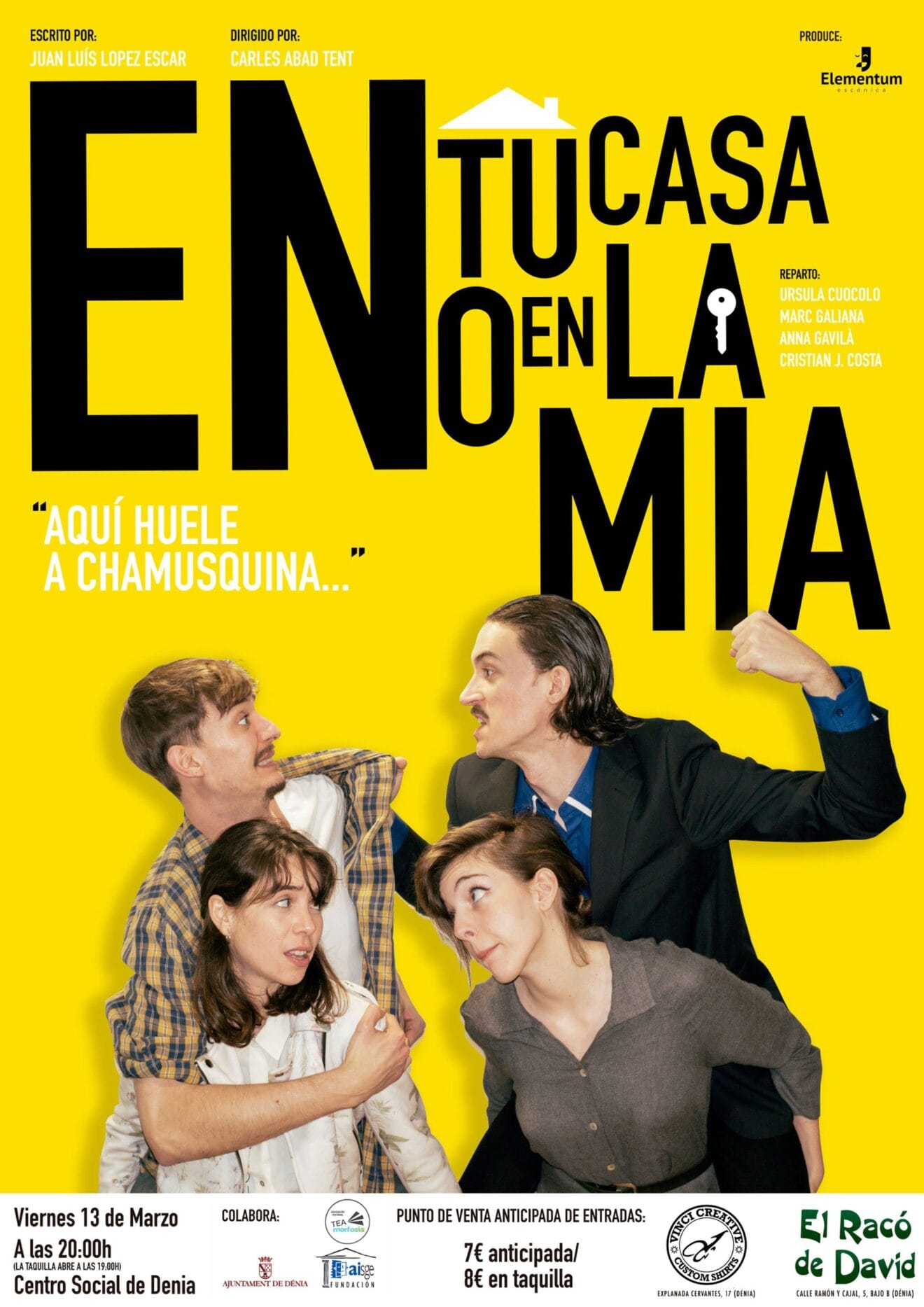 Cartel de la obra de teatro "En tu casa o en la mía", de la productora Elementum Escénica