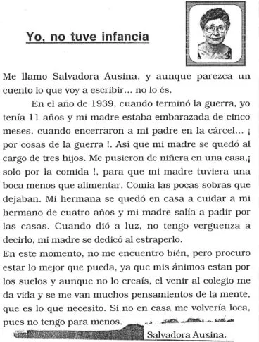 Escrito de Salvadora Ausina, una alumna de la Formación para Adultos de Dénia, en 1998
