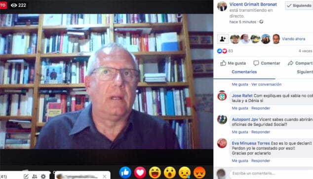 Grimalt: "Lo único que tenemos claro es que las fiestas no serán como las de otros años" 1 Imagen: Comparecencia de Vicent Grimalt en Facebook