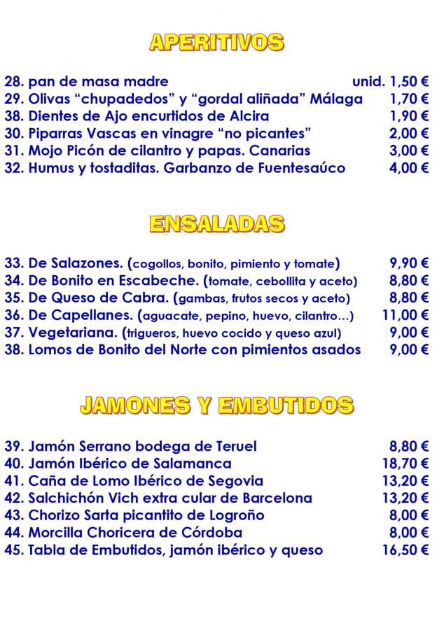 carta aperitivos ensaladas embutidos para llevar el mosset