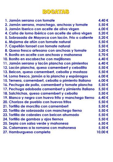 Carta de bocadillos  – El Mosset