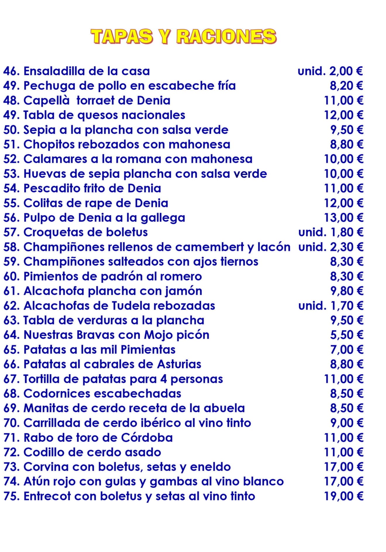 Carta de tapas y raciones de El Mosset