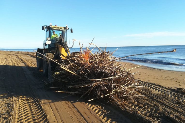 Maquinaria trabajando en la limpieza de las playas de Dénia, imagen tomada la semana pasada