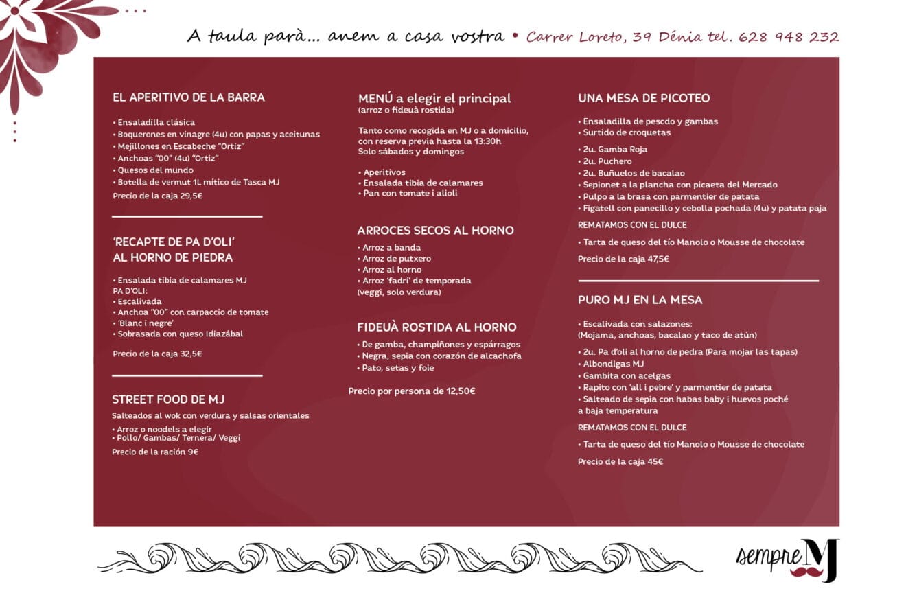 Carta de take away "A Taula Parà" - Casa Miguel Juan