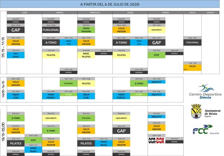 Horario de actividades a partir del 6 de julio de 2020 - Centro Deportivo Dénia