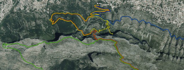 Imagen: En amarillo, la ruta entre el Racó del Bou y la Cueva del Agua, en el Montgó en Dénia (Fuente: Visor cartográfico de Parques Naturales de la Generalitat