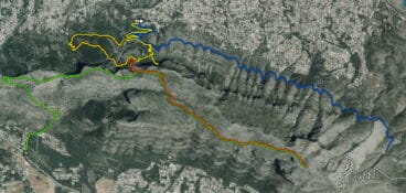 La línea naranja es la que representa la ruta Camí de la Colònia-Cima (Fuente: Visor cartográfico de Parques Naturales de la Generalitat Valenciana)