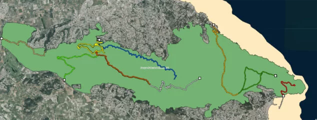 Imagen: La línea azul marca el trayecto por el Camí de la Colònia hasta la Cova del Gamell (Fuente: Institut Cartogràfic Valencià)
