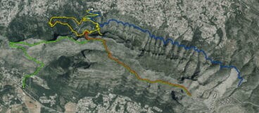 Rutas por el macizo del Montgó. En azul, la ruta hasta la Cova del Gamell (Fuente: Parques Naturales de la Generalitat Valenciana)