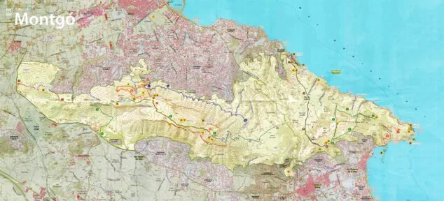 Imagen: Plano de las rutas por el Montgó desde Dénia y desde Jávea, marcadas con números