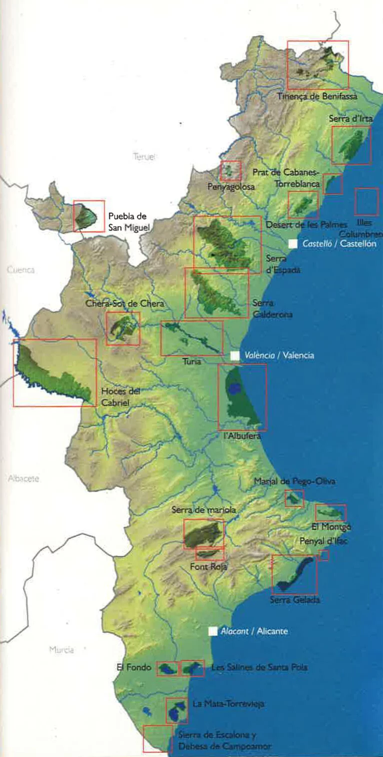 Mapa de situación de todos los parques naturales de la Comunitat Valenciana, entre ellos, el Montgó