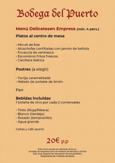Menú delicatessen para empresas por 20€ -Bodega Del Puerto