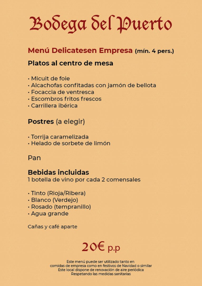 Menú delicatessen para empresas por 20€ -Bodega Del Puerto