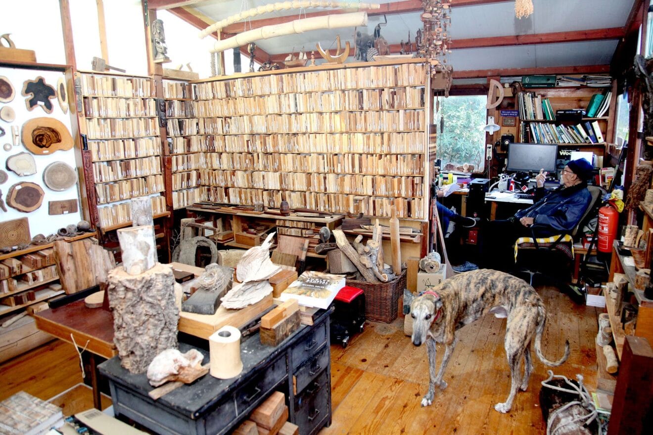 La xiloteca se encuentra en el interior de una cabaña, también de madera, hecha por Manuel