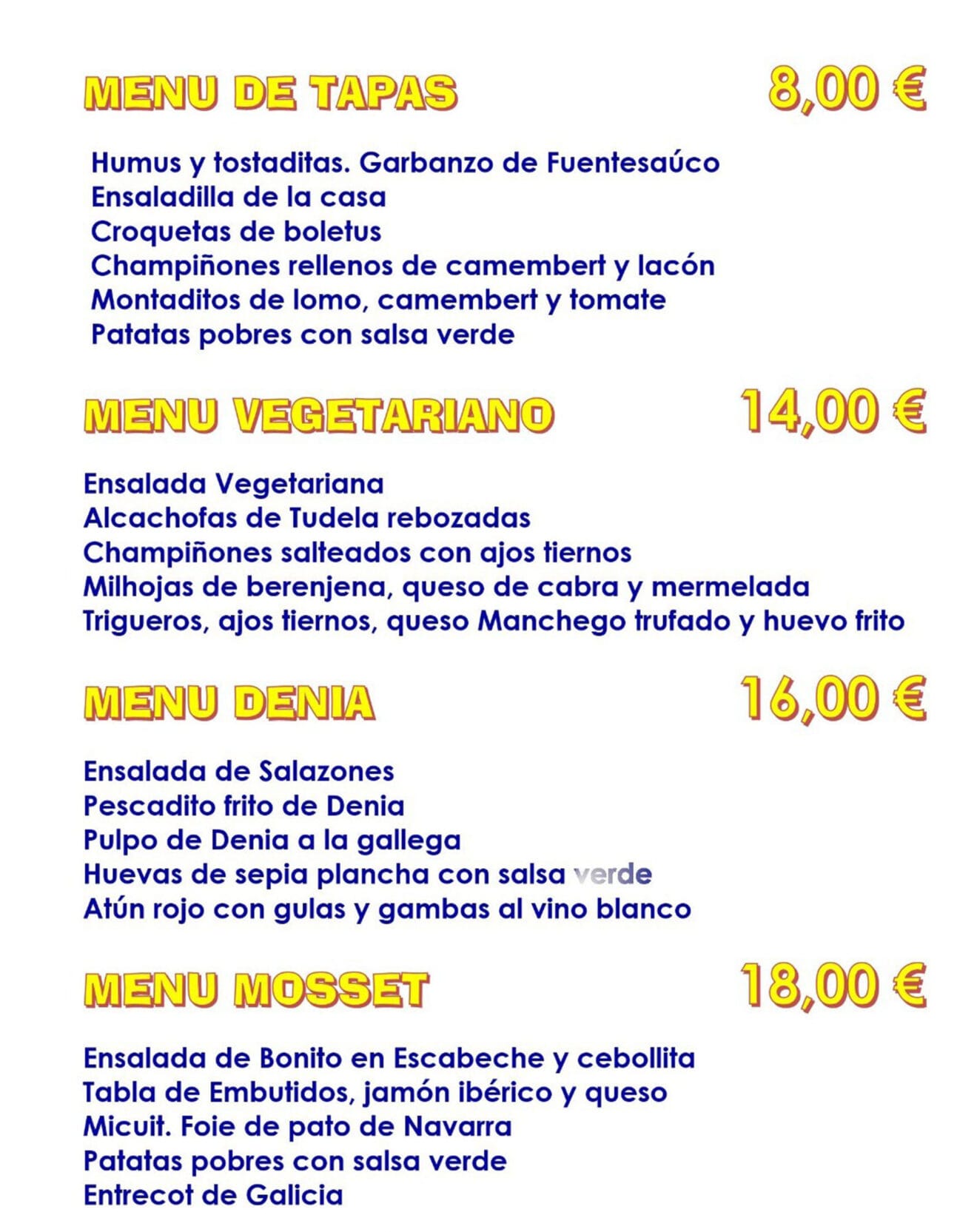 Diversos menús con diferentes precios - El Mosset