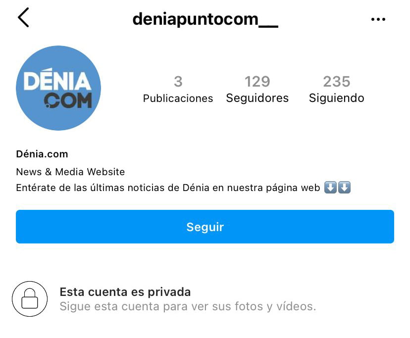 Captura del falso perfil de Dénia.com en Instagram