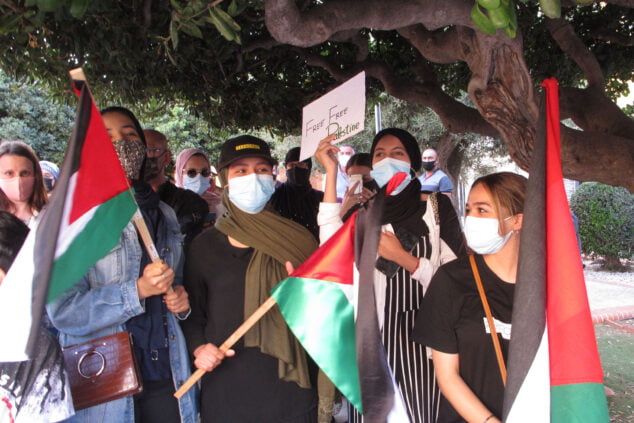 Imagen: Manifestantes con carteles en los que piden la libertad de Palestina