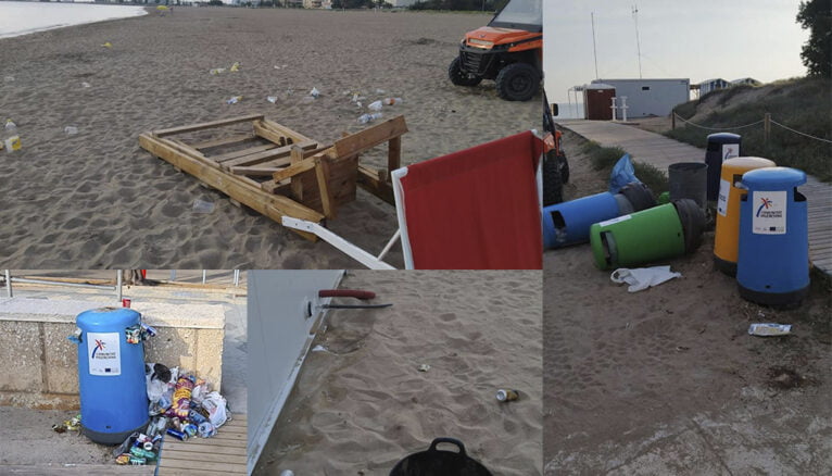 Portada El fin del toque de queda deja basura y destrozos en las playas de Dénia
